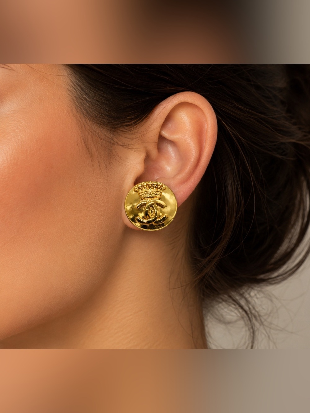 CHANEL Gold Crown CC Motif Clip-On Earrings with COA & box
